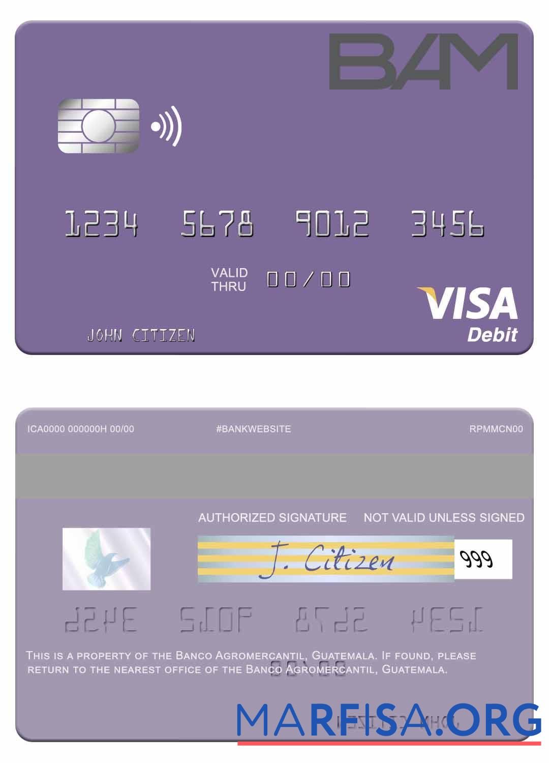 Blank Guatemala Banco Agromercantil visa debit card sample